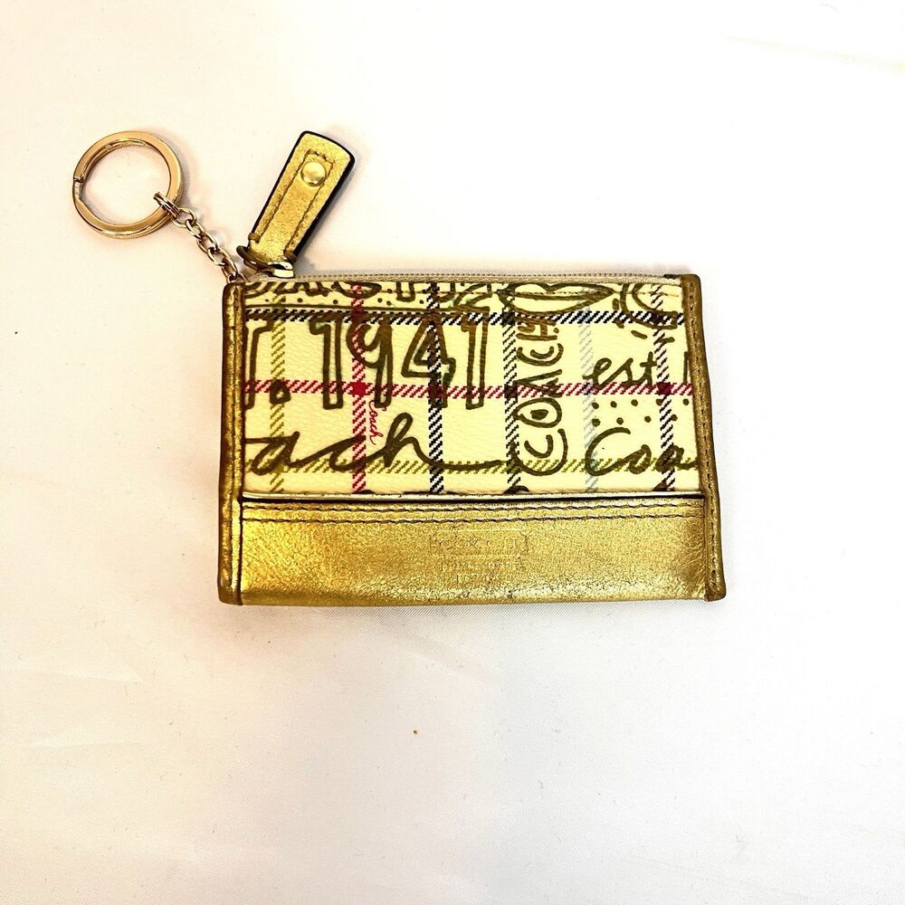 Coach Poppy Tartan Graffiti ID Case Skinny Mini Wallet Gold Plaid Keychain Rare - Picture 1 of 7